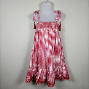 Margaux Riviera Gingham Sundress Check Plaid Ruffle Midi Tassel Cotton Smocked S